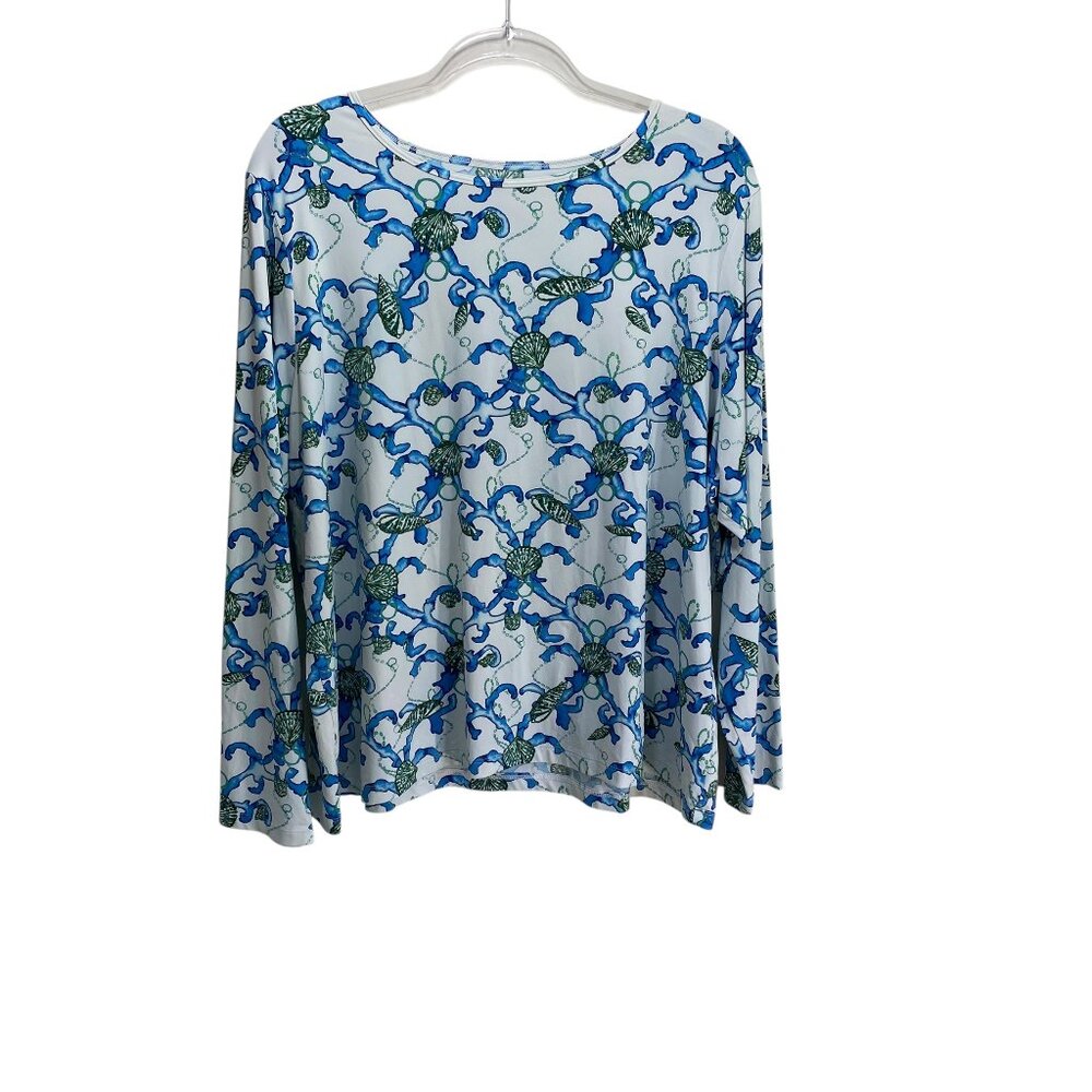 Lands End Liquid Knit Top Women 2X Scuba Swim Long‎ Sleeve Plus Beach Sea Shel